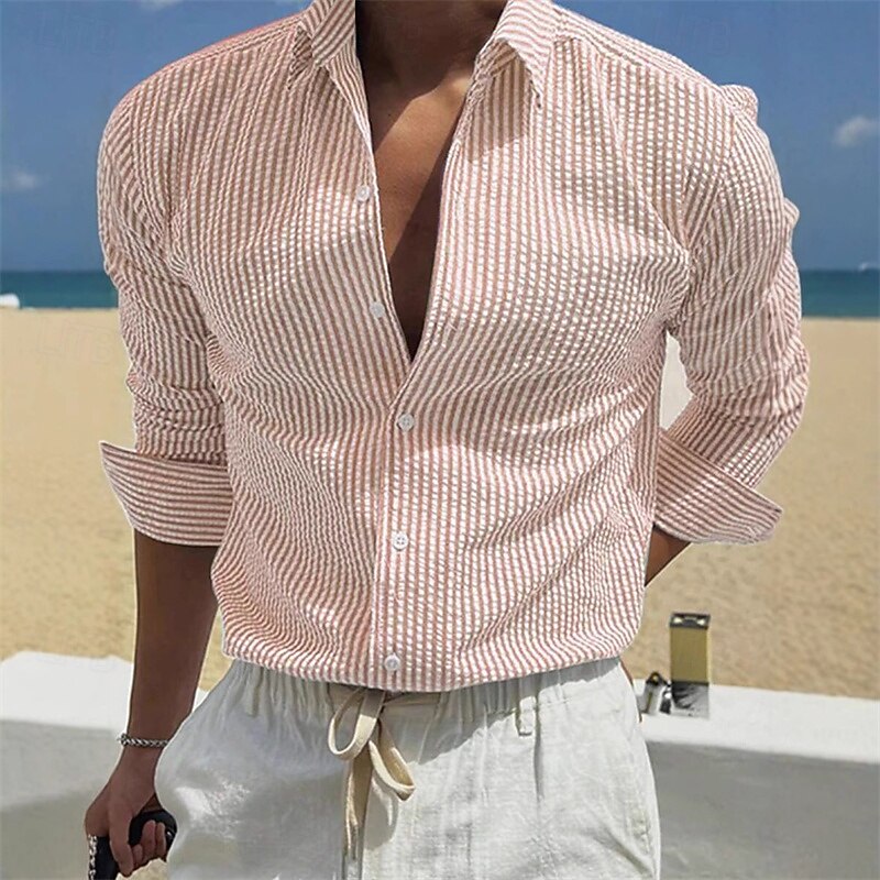 Men's Shirt Summer Shirt Casual Shirt Beach Shirt Button Up Shirt Black White Light Green Red Blue Long Sleeve Stripe Lapel Vacation Hawaiian Clothing Apparel Polyester Fashion Casual Comfortable3