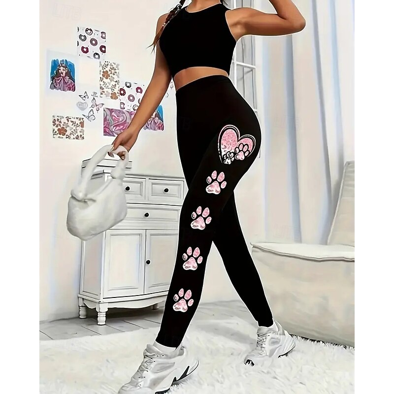 Women's Pants Trousers Leggings Cozy Leggings Streetwear Casual Full Length High Waist Heart Elastic Waist Print Breathability Comfortable Stretchy Vacation Street Daily Wear Black Summer Spring Fall3