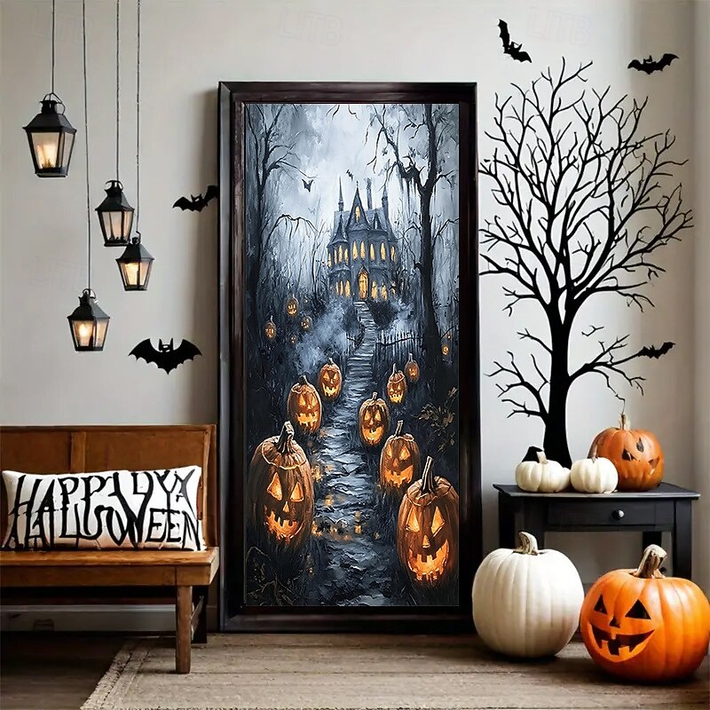 Halloween Pumpkin Door Cover with Scarecrow, Witch Hat Jack-O’-Lantern, Spooky Forest Haunted House Decor for 2025 Halloween Indoor Outdoor Decoration3