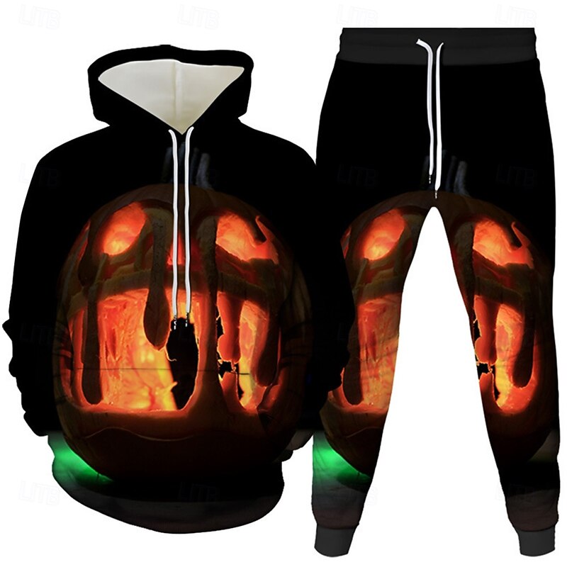 Halloween Men's Pumpkin 2pcs 3D Sweatshirt Sets Tracksuit Hoodie Sweatshirt Long Sleeve Long pants Hooded Casual Daily Athleisure Festival Outfit 3D Print Hooded Spring Fall Winter Black Yellow Orange