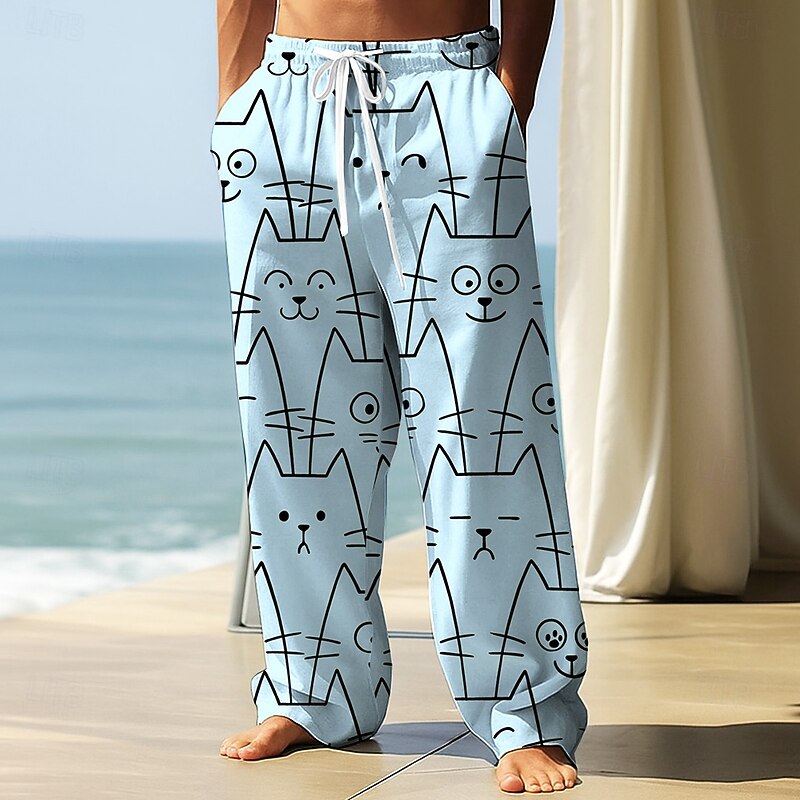 Men's Trousers Baggy Pants Casual Pants Elastic Drawstring Waist Linen-Like Pants with Pockets Animal Cat Funny Full Length Outdoor Vacation Casual White Pink Inelastic4
