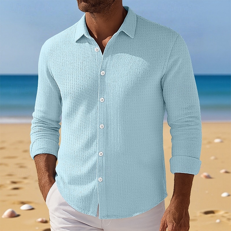 Men's Shirt Waffle Shirt Summer Shirt Casual Shirt Button Up Shirt Black White khaki Light Blue Long Sleeve Plain Textured Lapel Vacation Casual Clothing Apparel Fashion Casual Comfortable