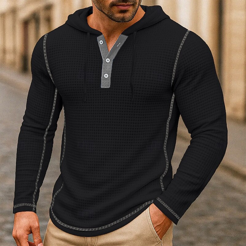 Men's Waffle Hoodies T Shirt Waffle Henley Shirt Henley Shirt Long Sleeve Hooded Henley Spring Spring &  Fall Plain Fashion Designer Basic Patchwork Hooded Vacation Street Casual Black White Navy Blue3