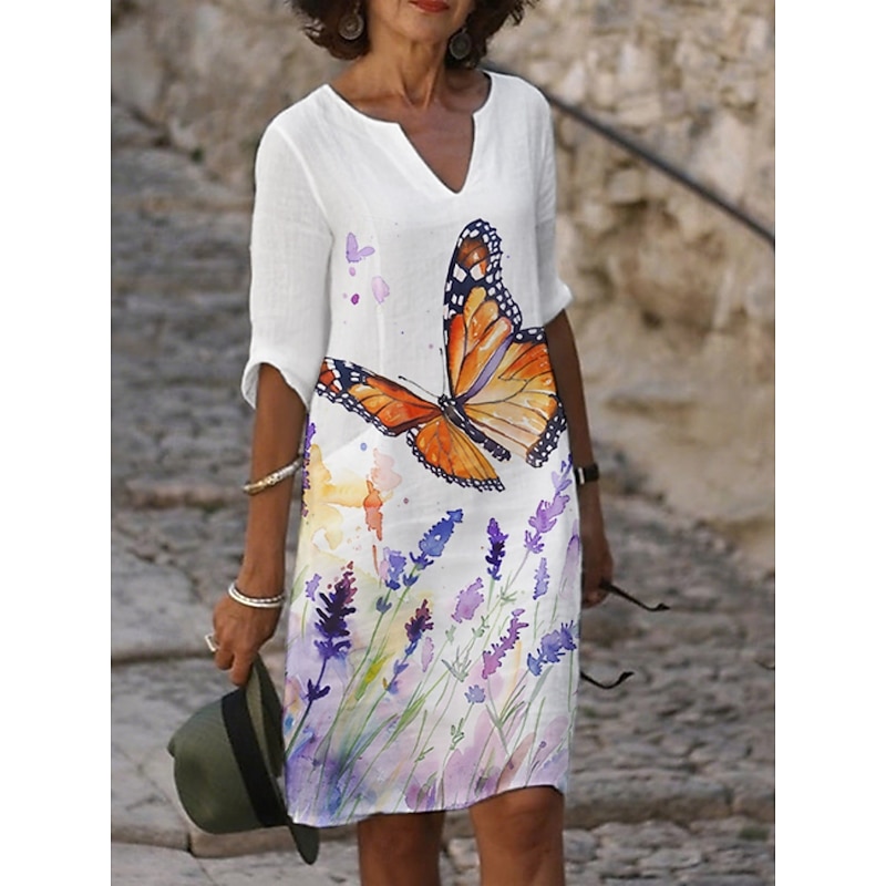 Women's Midi Dress Casual Dress Print Dress Fashion Modern Daily Beach Weekend Regular Fit Floral Butterfly 3/4 Length Sleeve Crew Neck Yellow Blue Purple Orange Summer Spring Fall Autumn