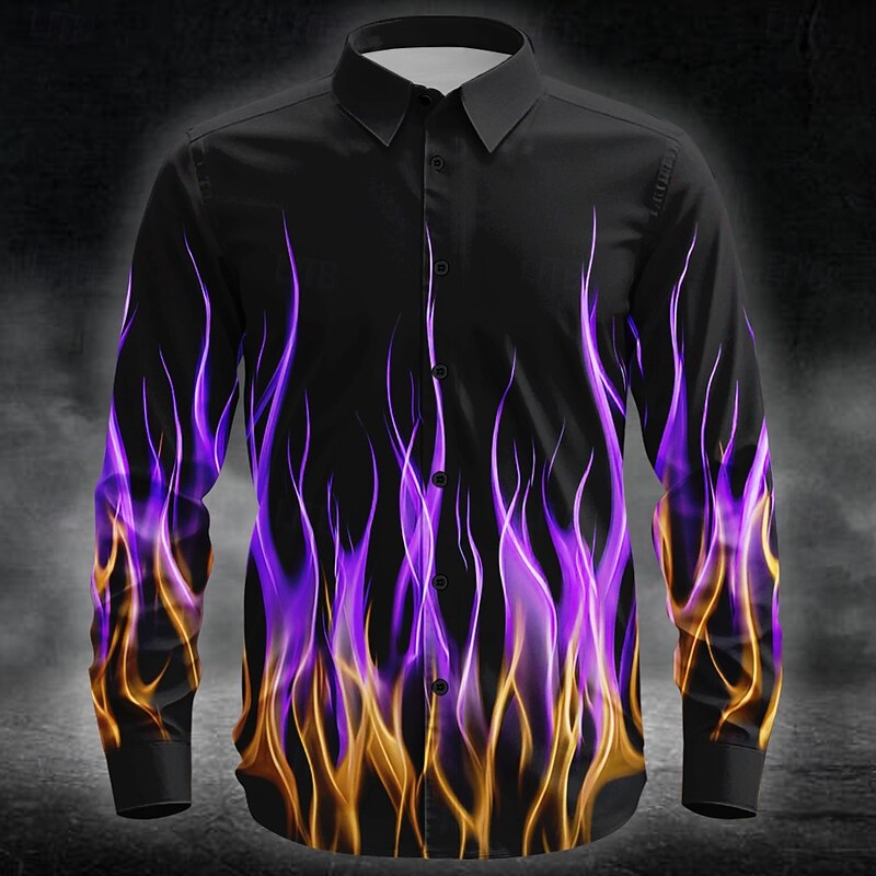 Halloween Men's Flame Neon Glow Shirt Button Up Shirt Long Sleeve Dark Punk Gothic Style Outdoor Holiday Summer Spring Turndown 3D Print Collared Shirts Purple Orange Green Rose Red2