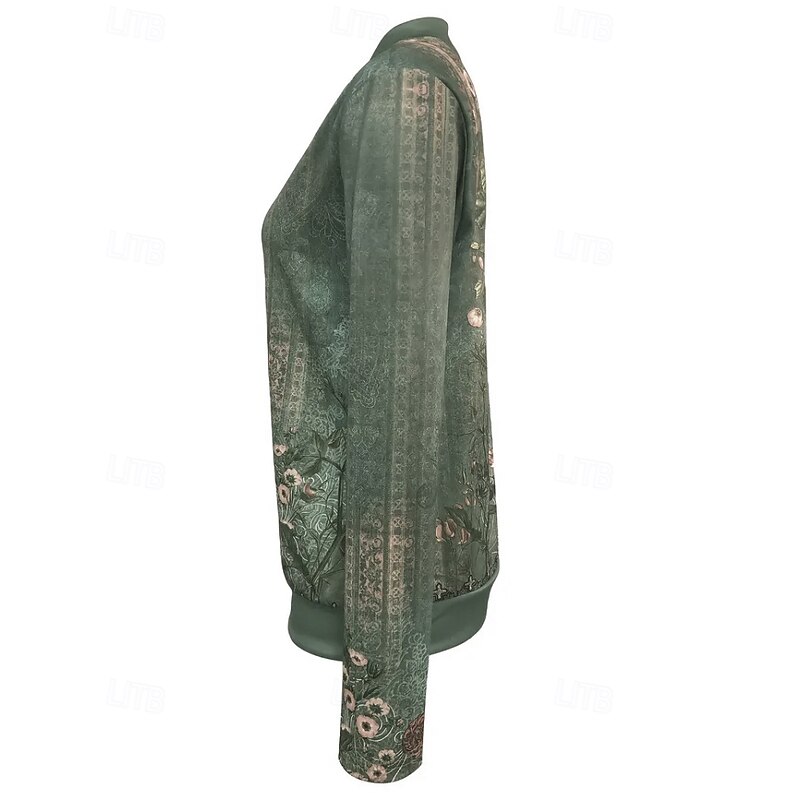 Women's Casual Jacket Comfortable Zipper Print Casual Flower Outdoor Street Holiday Daily Wear Zipper Regular Crewneck Regular Fit Long Sleeve Outerwear Green Fall2
