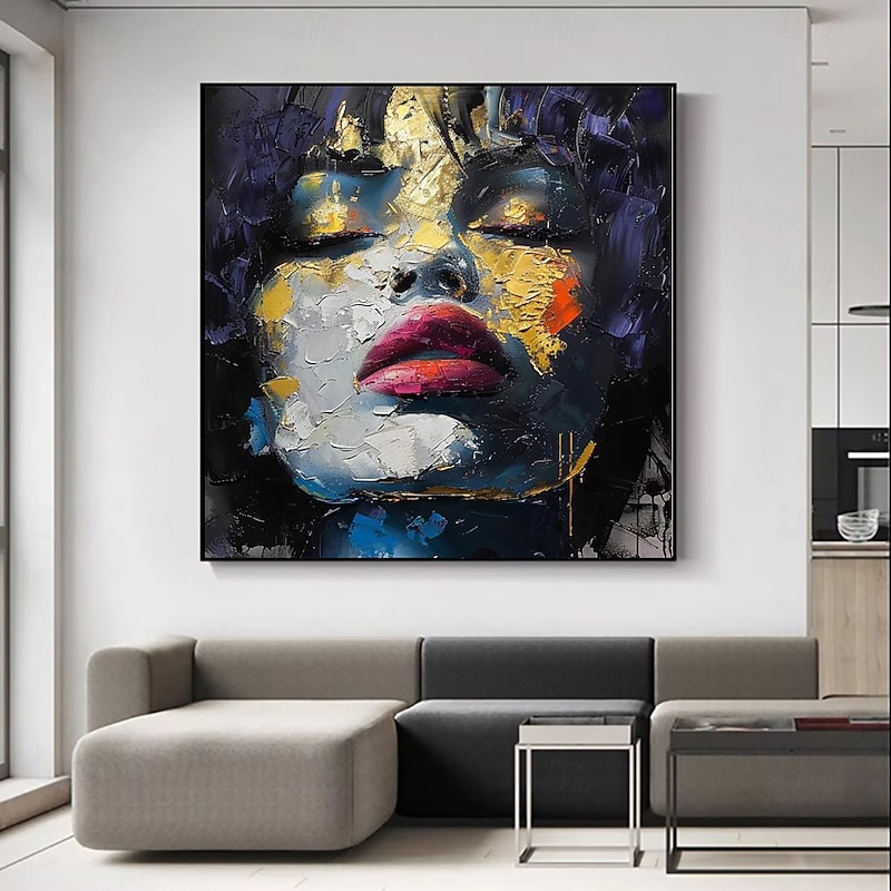 Handmade Oil Painting Acrylic Canvas Wall Art Decoration Pop Art Women Face Knife Drawing for Home Decor Rolled Frameless Unstretched Painting