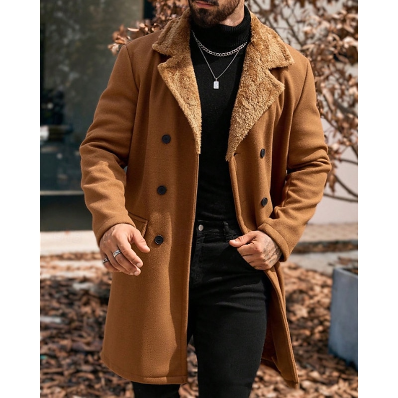 Men's Fleece Jacket Peacoat Trench Coat Vacation Daily Fall Winter Polyester Thermal Warm Outerwear Clothing Apparel Fashion Classic Plain Pocket Lapel Double Breasted3