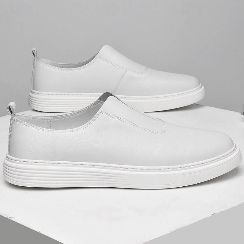 Men's White Slip - on Leather Shoes - Minimalist & Comfortable, Suitable for Busy Professionals in Office & Casual Settings3