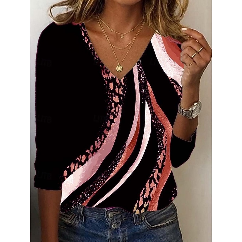 Women's Tunic T Shirt Leopard Color Block Letter Vintage Stylish Casual Long Sleeve V Neck Regular Tops Daily Sports Weekend Print Pink Blue Brown Green Fall2