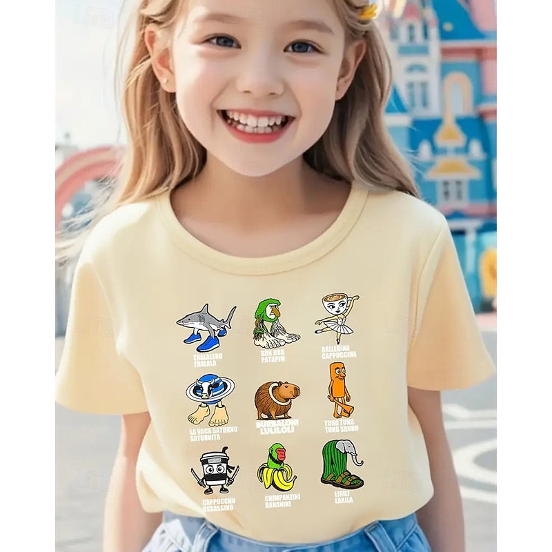 Girls' Funny Italian Brainrot Graphic Tee - Lightweight Stretchy T-Shirt with Lightweight Stretchy Fabric for Ages 4-12 Casual Everyday & Birthday Party Outfit  Children's Summer Shirt Playful Kids A4