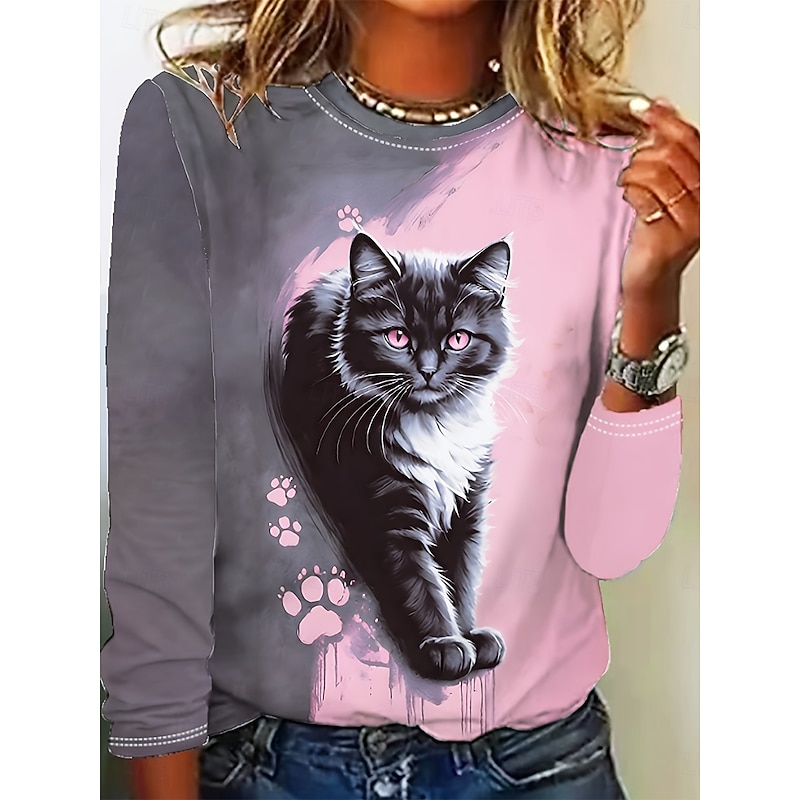 Women's T Shirt Graphic Geometric Striped Vintage Stylish Classic Long Sleeve Crew Neck Round Neck Regular Tops Daily Print Pink Spring Fall Winter