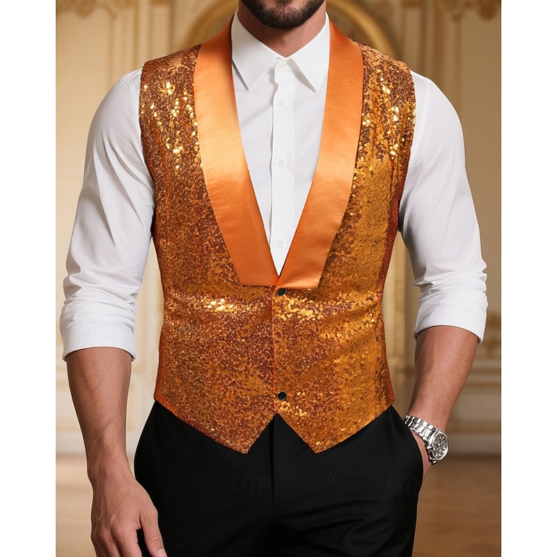 Men's Vest Waistcoat Gilet Vacation Party Business Fashion Casual Spring Fall Buttons Sequin Polyester Comfortable Plain Single Breasted One-button V Neck Regular Fit Orange Vest
