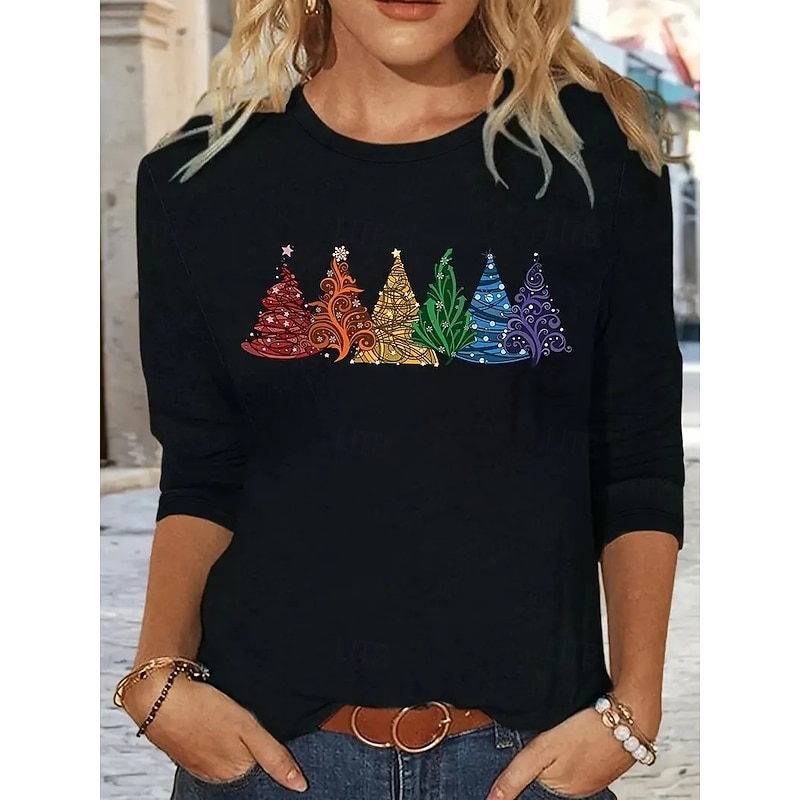 Christmas Women's T Shirt Graphic Geometric Striped Elegant Vintage Fashion Long Sleeve Crew Neck Round Neck Regular Tops Daily Going out Weekend Print Black Pink Light Brown Blue Spring Fall Winter2