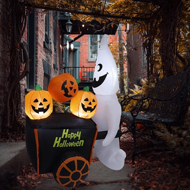1 Pc 1.8M/6FT Halloween Ghost Pumpkin Cart with Inflatable Air Model Indoor and Outdoor Courtyard Lawn Party Halloween Festival Atmosphere Decorative Light EU/US/UK/AU Plug