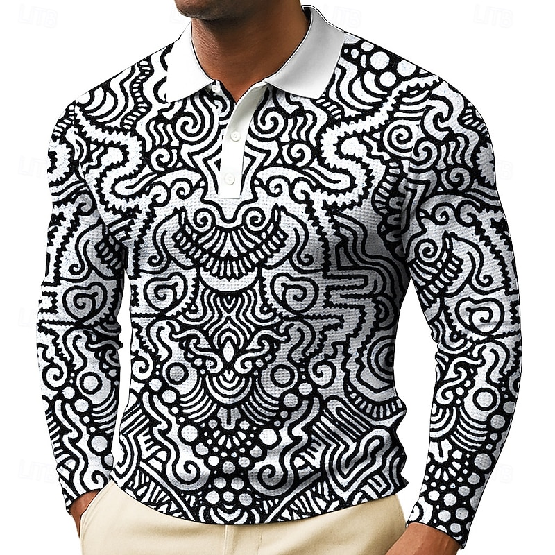 Men's Graphic Waffle Polo Shirts Long Sleeve Polo Shirts Collared Shirts Vintage Casual Daily Wear Buttons Spring Fall Winter Black Red Blue2