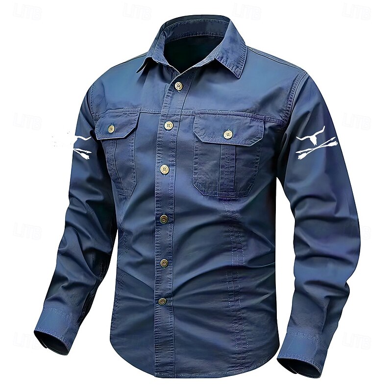 Men's Cow Print Work Shirt Western Shirt Cargo Shirt Long Sleeve Casual Tactical Sports Outdoor WorkWear Spring Fall Turndown Front Two Pockets Button Up Shirts Black Army Green Dark Blue3
