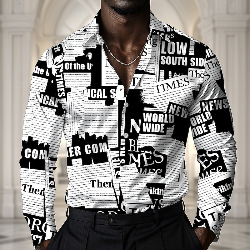 Men's Letter Printed Newspaper Shirt Satin Shirt Dress Shirt Long Sleeve Vintage Retro Vacation Dailywear Summer Spring Fall Turndown 3D Print Button Up Shirts White Blue