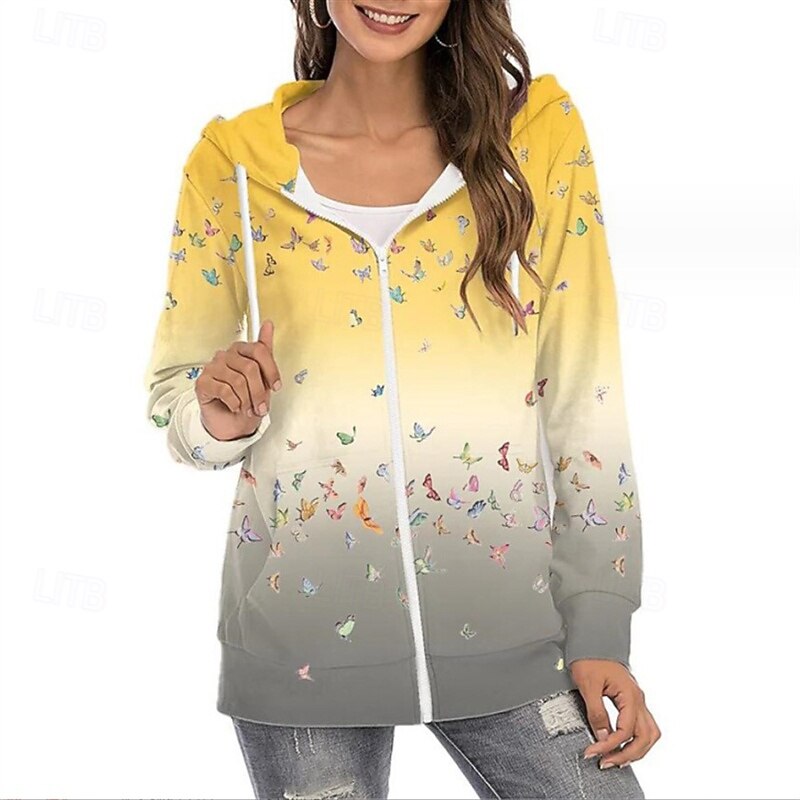 Women's Zip Up Hoodies Floral Tie Dye Streetwear Casual Long Sleeve Hooded Regular Tops Street Going out Zipper Print White Yellow Blue Green Gray Fall4