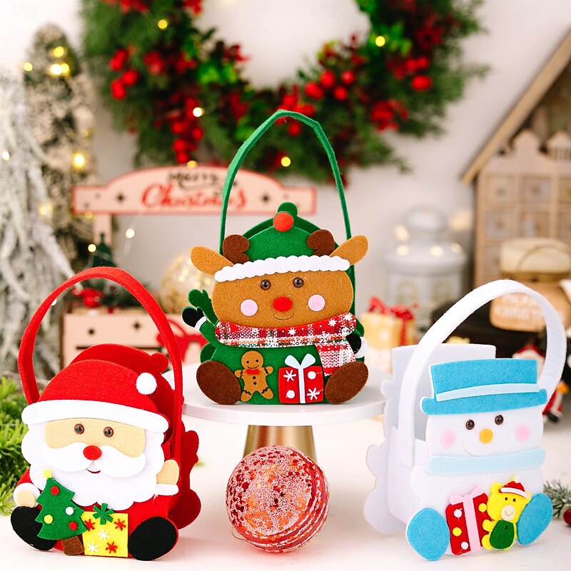 3PCS Christmas Cartoon Gift Bags, Santa Claus Candy Bags, Kids Christmas Tote Bags for Gifts, Apples, Candies and Holiday Party Favors - Main Image