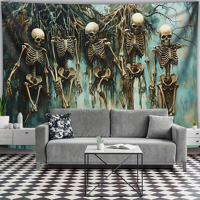 Skeleton Wall Tapestry – Gothic Hanging Bones Art with Creepy Forest Roots, Horror Halloween Wall Decoration for Living Room or Studio2