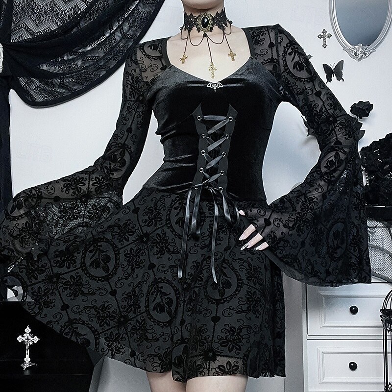 Gothic Mini Dress Bell Sleeve Witch Lace Velvet Corset Floral Fancy Dress Women's Fantasy Halloween Carnival Performance Party Adults Dress2