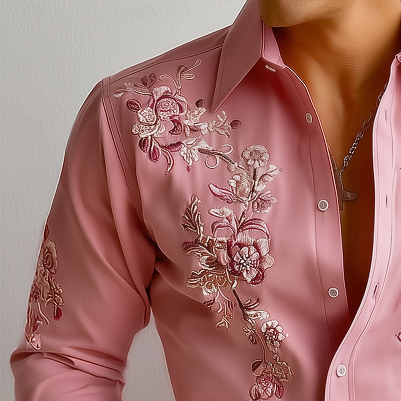 Men's Floral Print Flowers Shirt Western Shirt Cowboy Shirt Long Sleeve Vintage Retro Outdoor Vacation Spring Fall Turndown 3D Print Linen Like Shirt Pink2