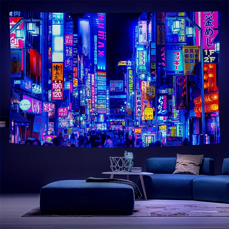 Cyberpunk Tokyo Street Blacklight Tapestry – Neon City Nightscape Glow in the Dark Wall Hanging for Gaming Room or Dorm3