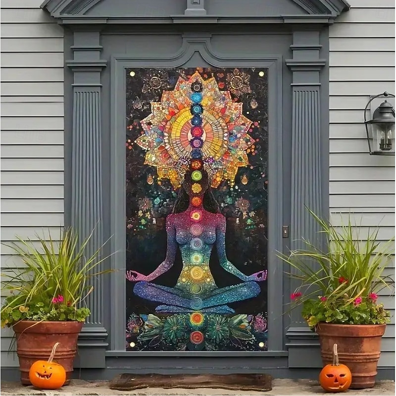Door Cover Outdoor Banners Seven Chakra Yoga Meditation Galaxy Lotus Aesthetic Mystic Bedroom Living Room Front Door Home Decor4
