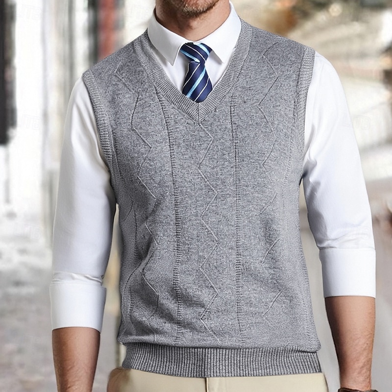 Men's Sweater Vest Dress Sweater Pullover Sweater Jumper Vest Knit Sweater Ribbed Knit Regular Tops Knitted V Neck Daily Wear Date Clothing Apparel Fall Winter Green Light Grey S M L2