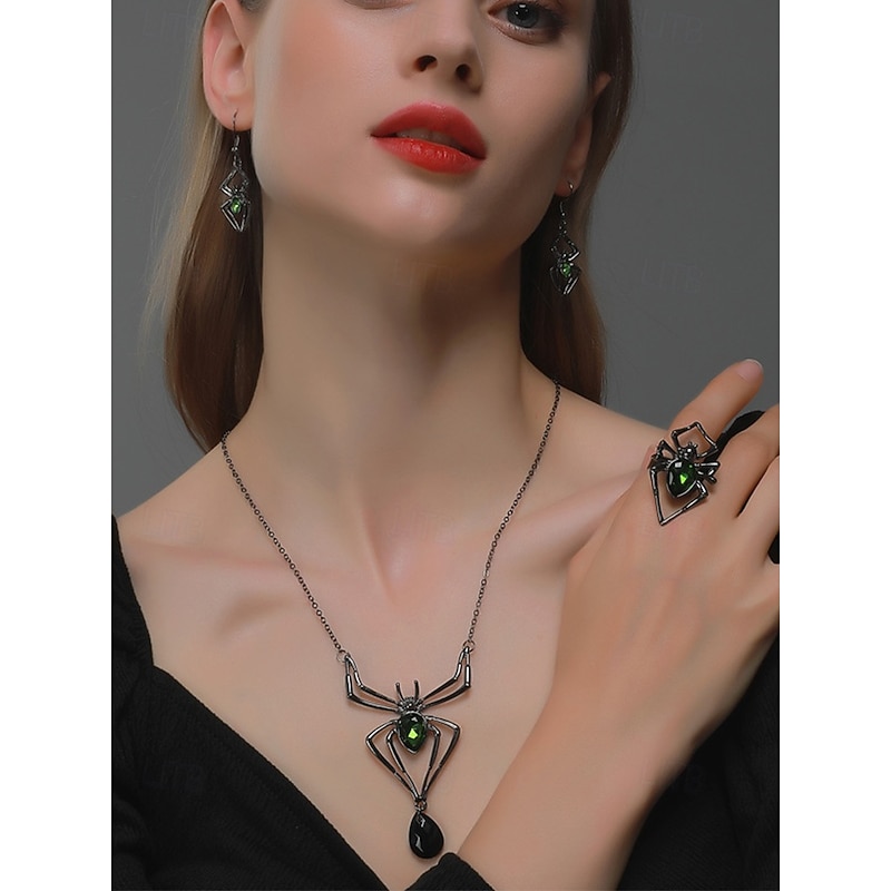 Women's Halloween Spider Jewelry Set – Gothic Necklace, Earrings and Ring with Green Crystal Accents, Costume Accessories for Party and Cosplay2