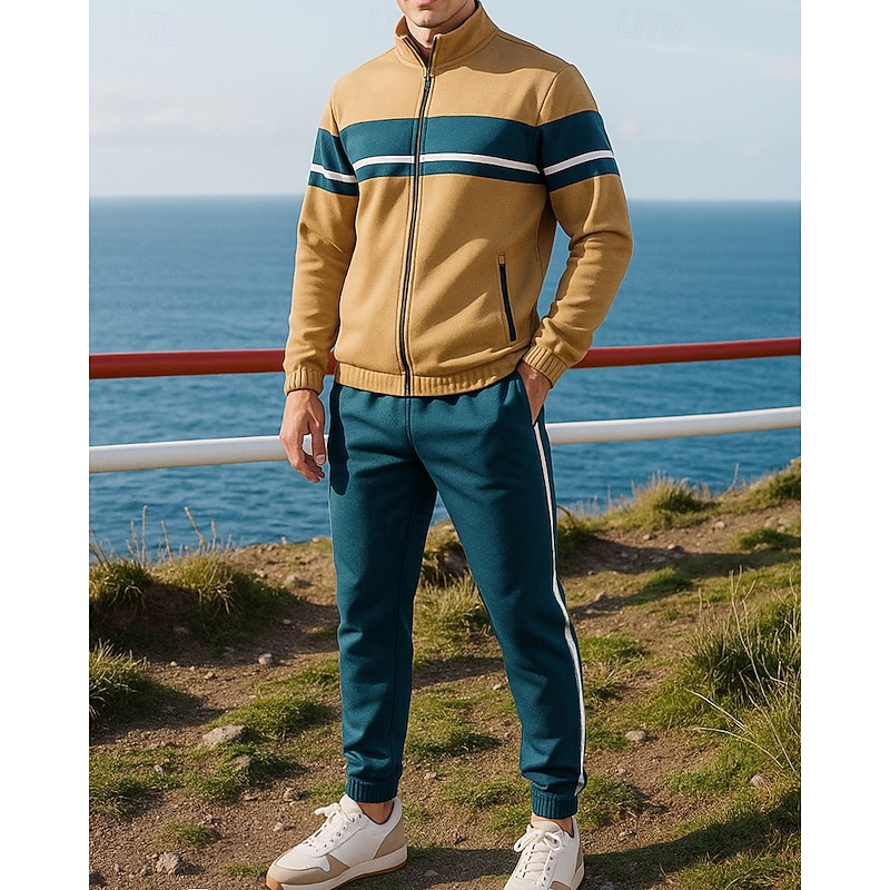 Men's Casual Tracksuit Sweatsuit Sets Sportswear Full Zip Color Block Clothing Suit Fall Black Green Outdoor Travel Sports High Waist Windbreaker Long Sleeve Sport Activewear Micro-elastic Regular Fit