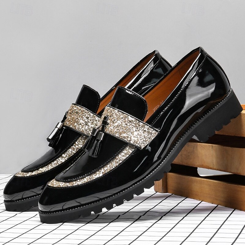 Men's Black Patent Leather Loafers with Glitter Strap – Fashion Slip-On Dress Shoes for Parties, Weddings and Evening Events2