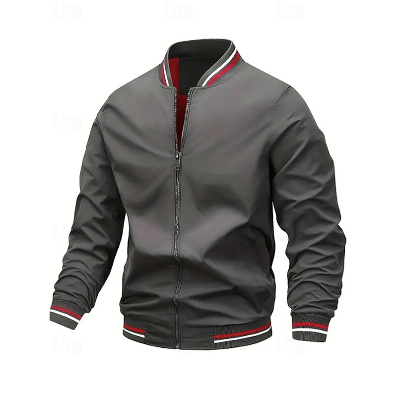 Men's Lightweight Jacket Casual Jacket Vacation Daily Breathable Patchwork Pocket Spring Fall Stripe Fashion Classic Stand Collar Regular Black White Wine Navy Blue Khaki Jacket3