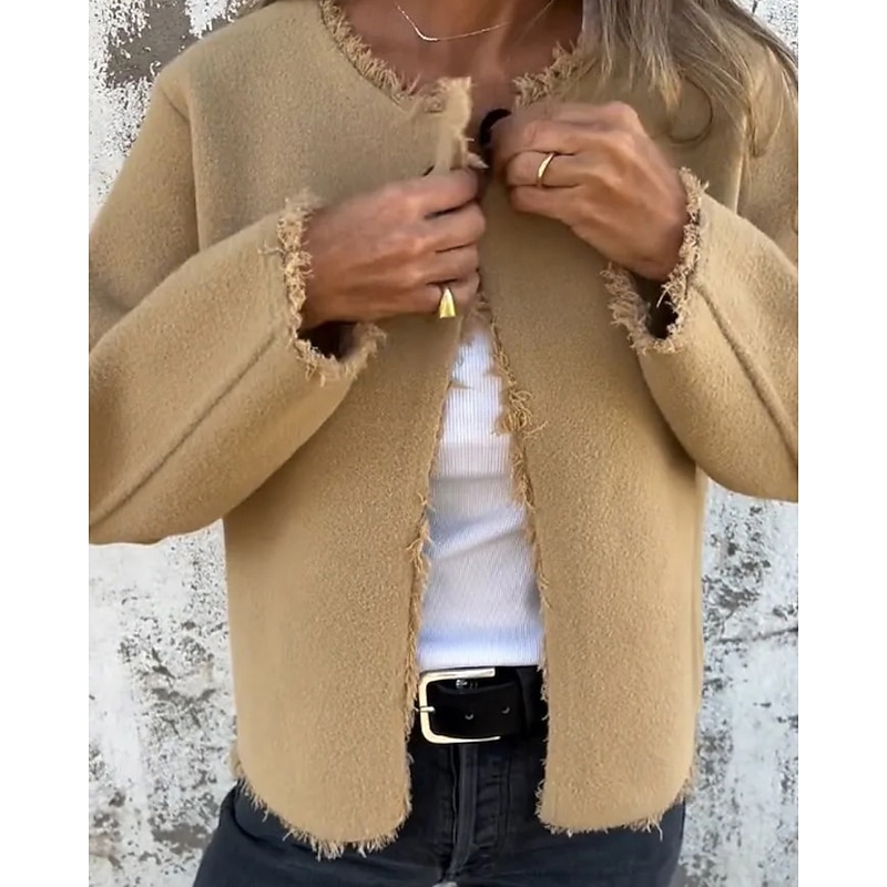 Women's Winter Coat Comfortable Buttons Fashion Plain Holiday Going out Single Breasted Regular Crewneck Regular Fit Long Sleeve Outerwear White Khaki Coffee Fall Winter3