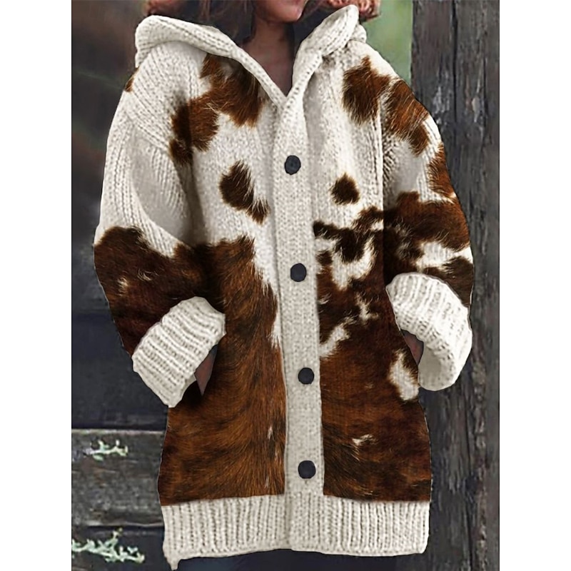 Women's Cardigan Vacation Daily Color Block Ribbed Hooded Knitted Print Front Pocket Long Sleeve Regular Tops Knit Outdoor Daily Holiday Brown Coffee Fall Winter