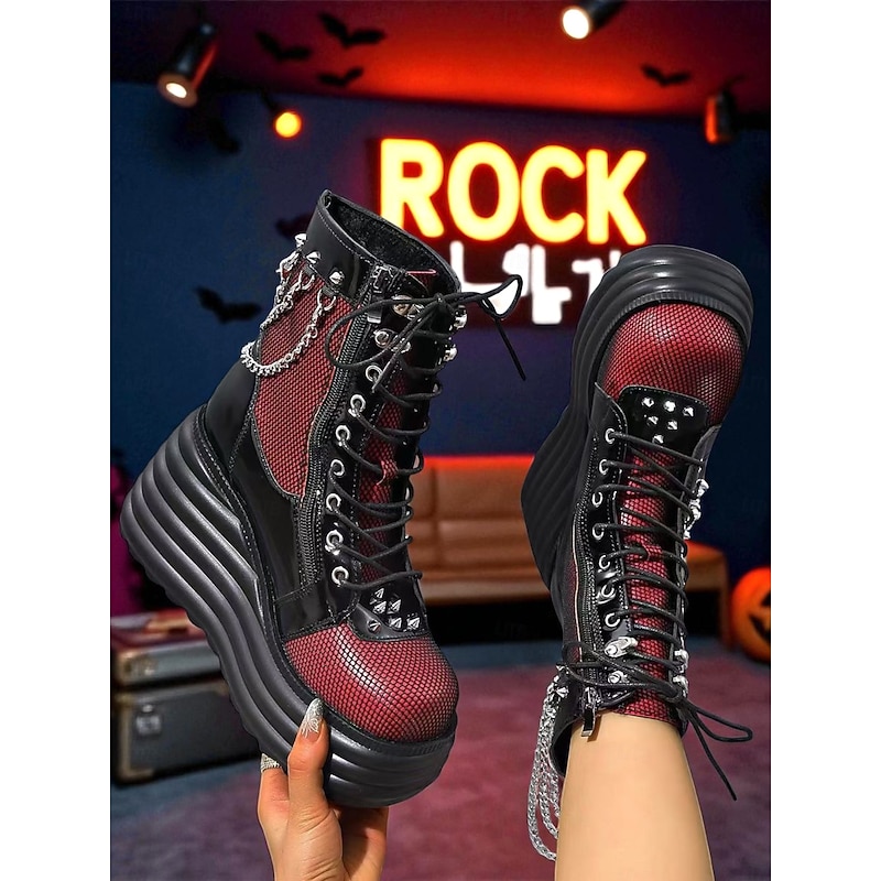 Women's Red Mesh Platform Biker Boots with Studs and Chains - Gothic Punk Lace-Up High Heel Ankle Boots for Halloween, Concerts, and Alternative Streetwear2