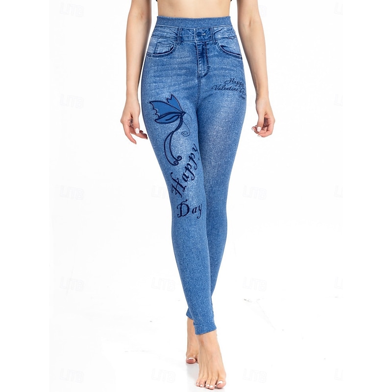 Women's Leggings Distressed Jeans Vacation Vintage Casual Full Length High Waist Floral Butterfly Elastic Waistband Printing Soft Comfortable Stretchy Outdoor Street Blue sky blue Summer Spring Fall4