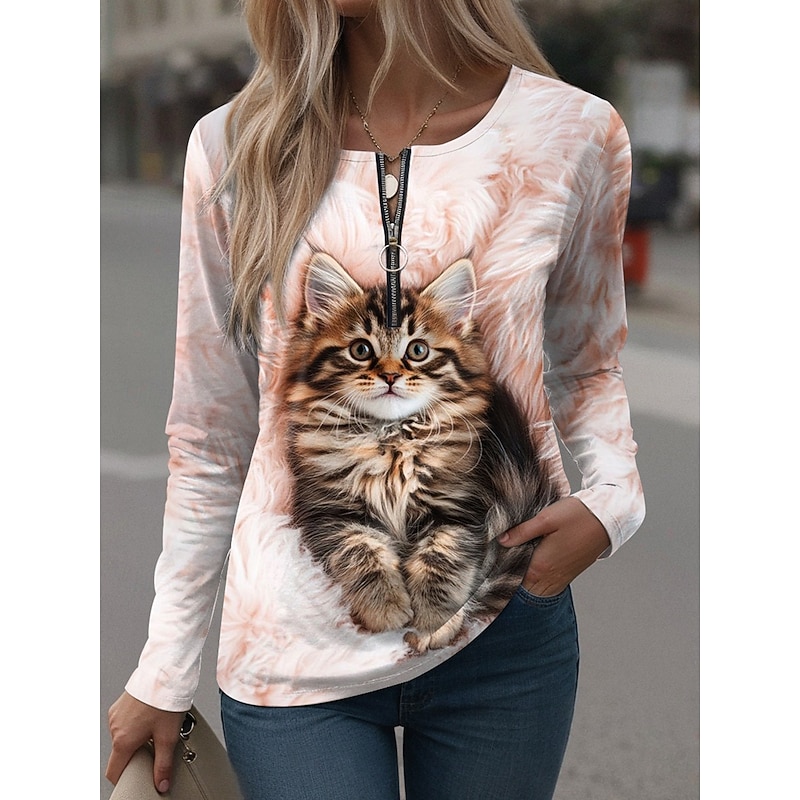 Women's T Shirt Graphic Animal Vintage Stylish Casual Long Sleeve Round Neck Regular Tops Daily Weekend Zipper Print Yellow Pink Blue Purple Spring Fall Winter2