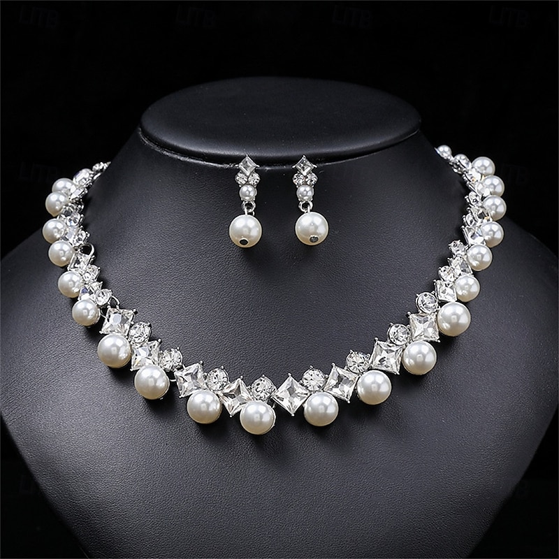 Jewelry Set Two-piece Suit Green Pearl Crystal Chrome Earrings Necklace Women's Elegant Vintage Fashion Vintage Style Classic Round Jewelry Set For Wedding Party Wedding Guest