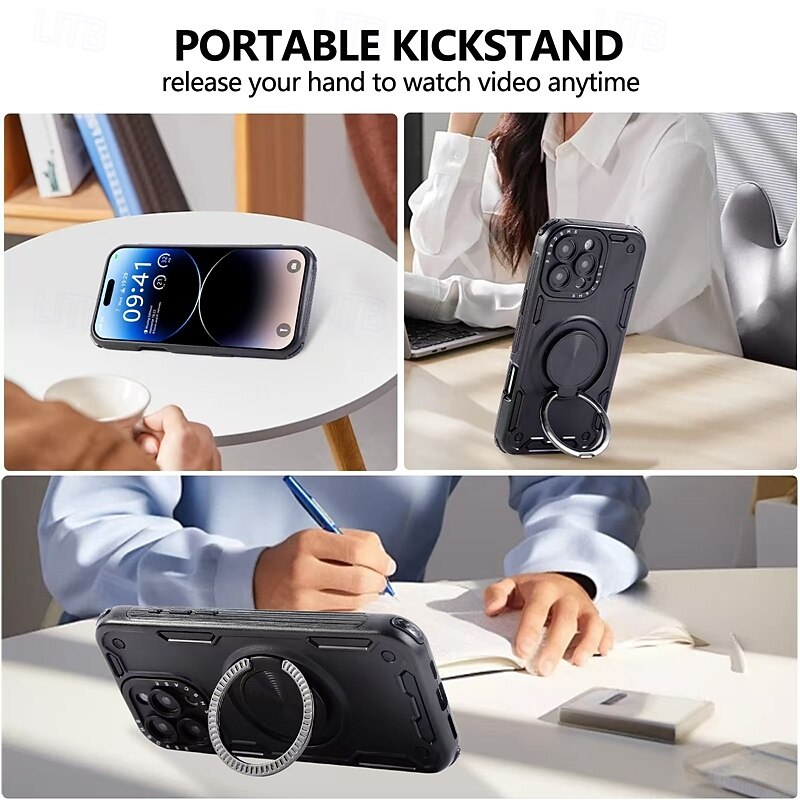 Phone Case For iPhone 17 Pro Max 17 Air 16 Pro Max Plus 15 Pro Max 14 Pro Max 13 Pro Max Back Cover Support Wireless Charging Kickstand Shockproof Armor TPU PC3