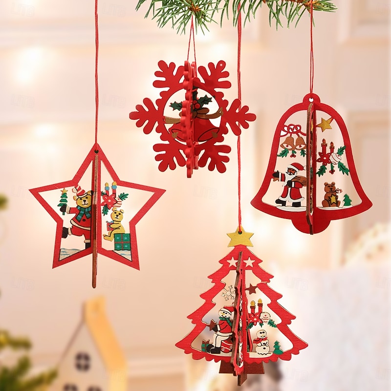 10PCS Christmas Wooden Hanging Ornaments, Creative Cute Colorful 3D Puzzle Decorations with Tree and Snowflake Shapes, Hollow Wooden Xmas Tree Hanging Decor for Home and Holiday Scene Arrangement