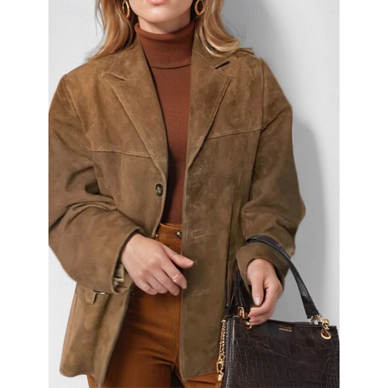 Women's Blazer Comfortable Breathable Pocket Vintage Casual Plain Office Street Casual Daily Wear Single Breasted Regular Turndown Loose Fit Long Sleeve Outerwear Black Brown Khaki Summer Spring
