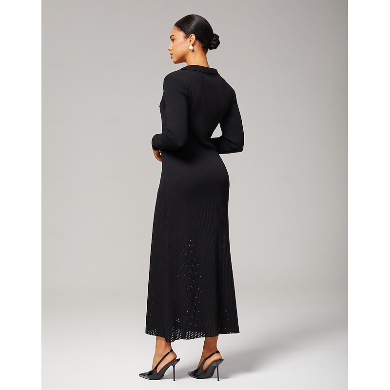 Women's Elegant Black Knit Maxi Dress4