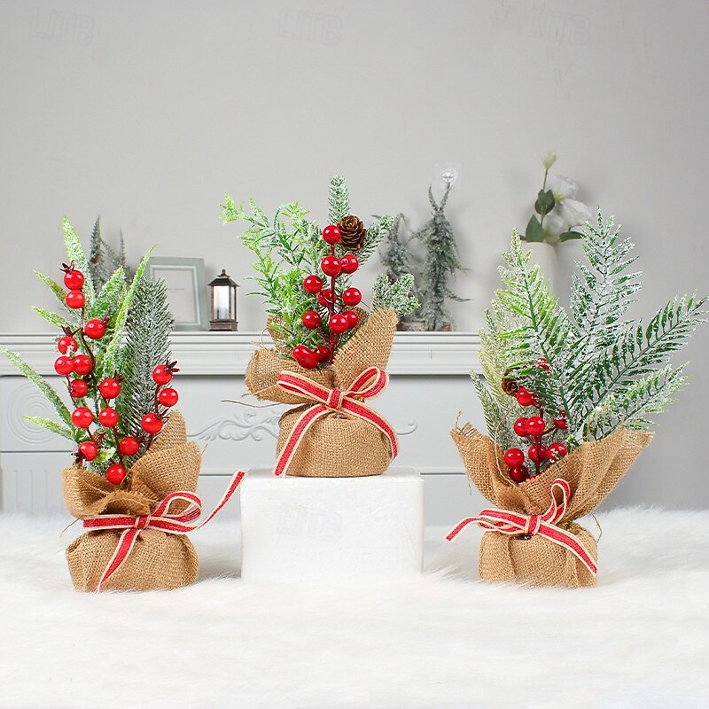 Christmas Mini Tree Tabletop Desktop Artificial Christmas Tree Xmas Decor Burlap Wrapped Pine Needle Red Berry Mini Holiday Tree for Festive Home Party Tabletop Decoration Accessory4