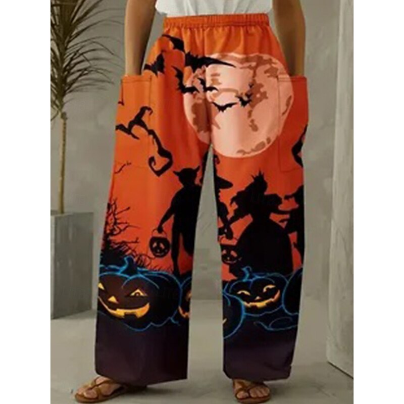 Women's Wide Leg Chinos Vintage Casual Full Length Mid WaistPantsHalloween Pumpkin Halloween Elastic Waistband Comfy Stretchy Street Black Yellow Orange Pink / Black Fall Winter Loose Fit