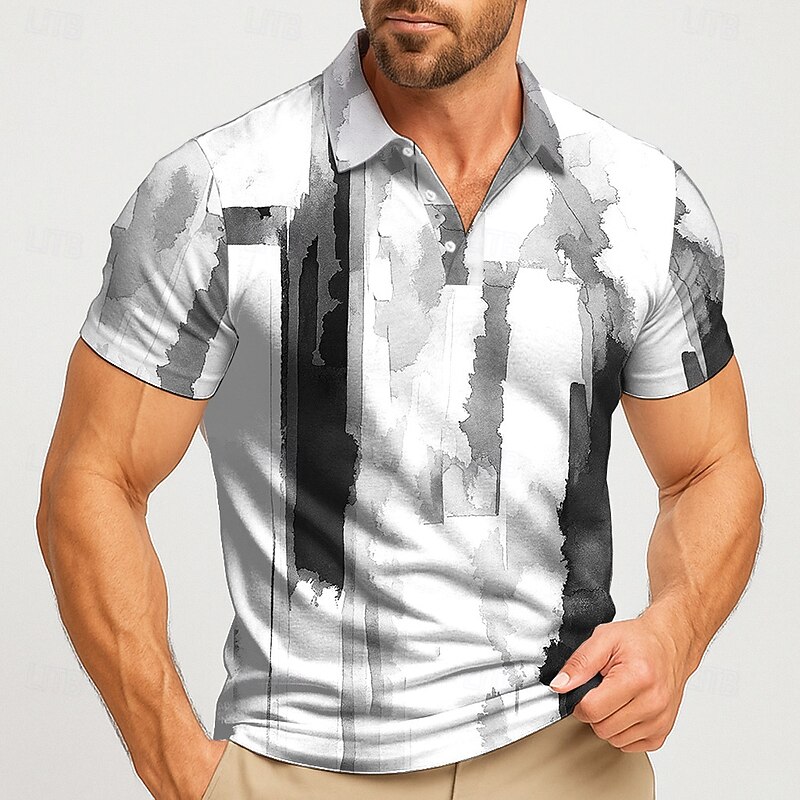 Men's Geometic Polo Short Sleeve Polo Shirts Lapel Casual Athleisure Daily Wear 3D Print Buttons Summer Lake blue Blue Gray2