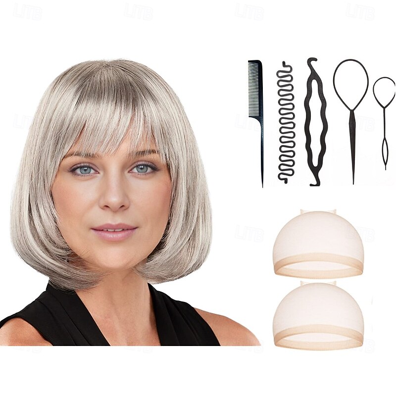 Bob Wig with Natural Looking Crown and Flirty Bangs/Multi-tonal Shades of Blonde Silver Brown and Red With 2PCS HD Wig Cap and Hairdressing Tool Set3
