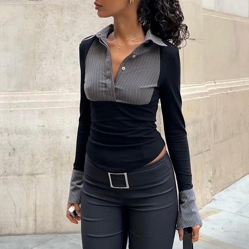 Women's T Shirt Polo Shirts Color Block Fashion Modern Long Sleeve Shirt Collar Regular Tops Daily Patchwork Black Summer