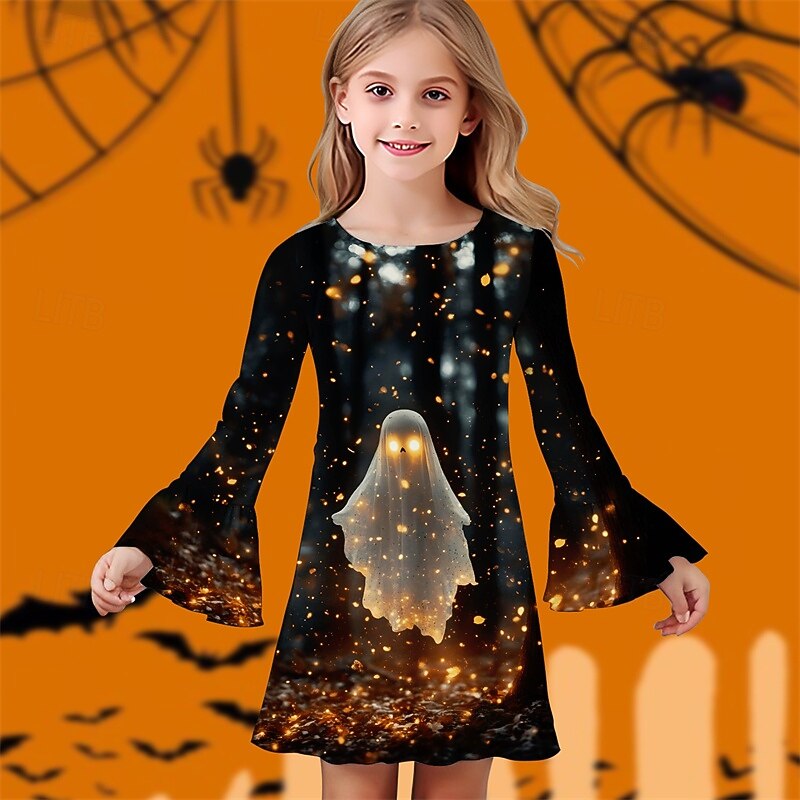Halloween Girls' 3D Ghost Dress Ruffle Dress Long Sleeve Summer Spring Vacation Daily Holiday Beautiful Sweet Kids 4-12 Years Casual Dress Knee-length Regular Fit